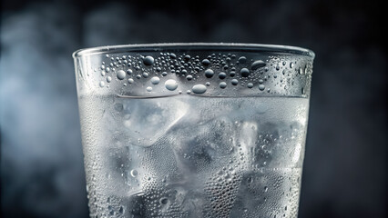 Cold solid ice cubes float in clear liquid glass of water with gas bubbles creating refreshing and cool sensation on dark background