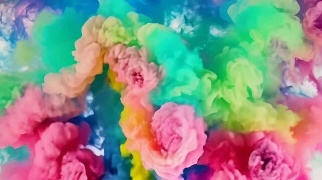 Vibrant clouds of pink, blue, green, and yellow swirl in a dynamic, colorful pattern, creating an abstract, energetic, and uplifting atmosphere.
