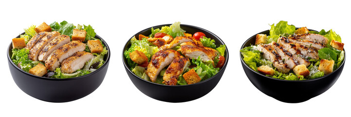 Fototapeta premium Set of Grilled chicken salad with fresh lettuce and croutons in a bowl isolated on a transparent background