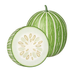 A whole striped green melon and a slice revealing its white flesh and seeds on a black background