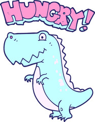 freehand drawn cartoon hungry dinosaur in bright neon color