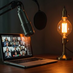 Obraz premium Microphone, laptop with video call, and edison bulb lamp isolated on white background