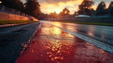Wet racetrack at sunset