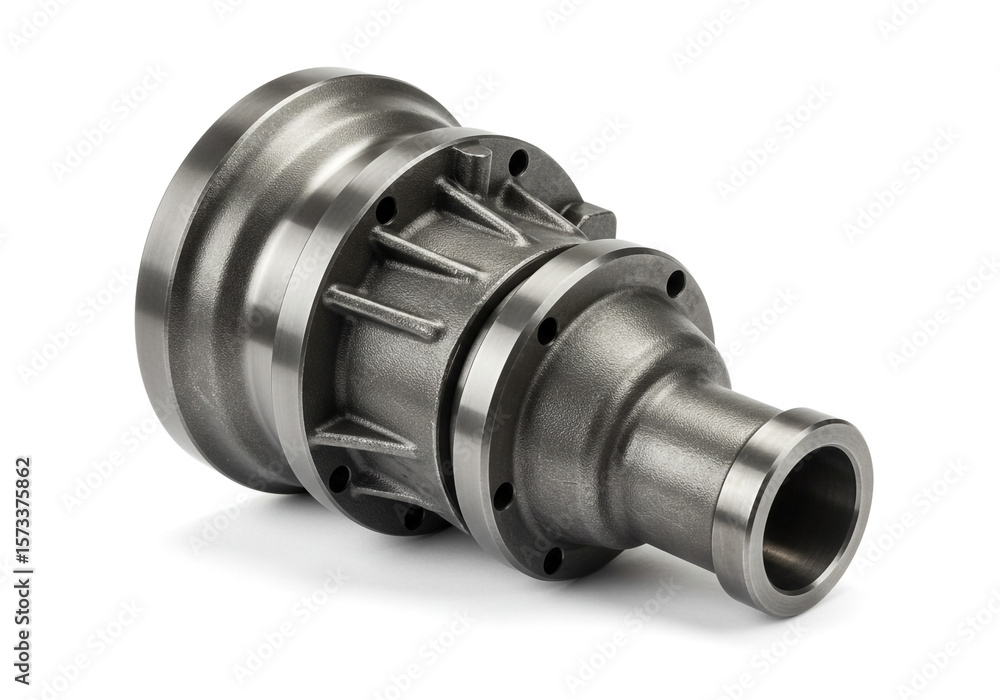 Poster close up of a metal component with circular flanges and a cylindrical extension on a white backgroun