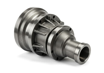 Close up of a metal component with circular flanges and a cylindrical extension on a white background