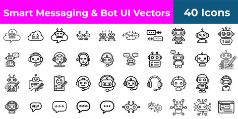 Illustration of various robot icons and chat bubbles in black and white line art style on a white background