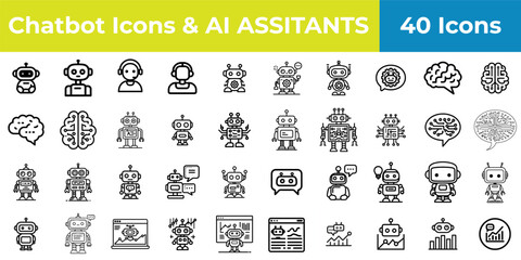 A collection of chatbot and ai assistant icons featuring robots and brain illustrations in black and white