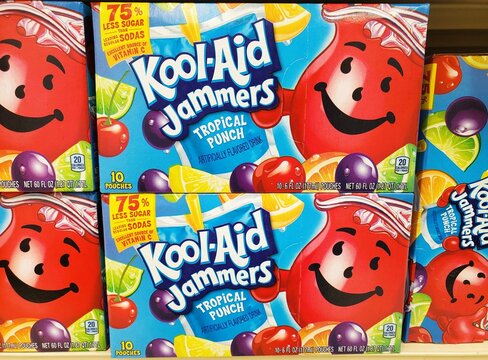 Wilmington, Delaware, U.S - July 8, 2025 - Colorful boxes of Kool-Aid Jammers Tropical Punch flavored drinks