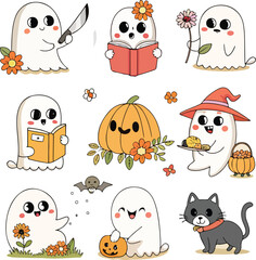 Cute Ghost Halloween svg Bundle, Retro Ghost png, Retro Floral Ghost png, Dog Ghost svg, Ghost Reading svg, Spooky Season, Halloween png