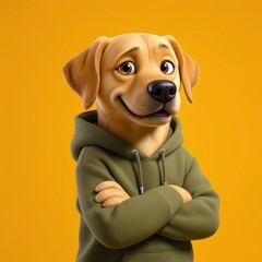 Confident cartoon dog character wearing a green hoodie smiling with arms crossed on a yellow background
