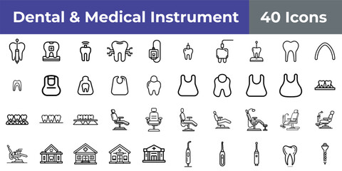 A collection of dental icons featuring teeth chairs and tools arranged in a grid pattern on white
