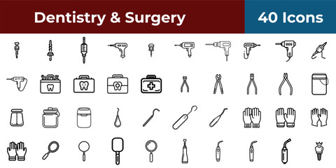 Line art illustration showcasing various dental and construction tools on a white background surface