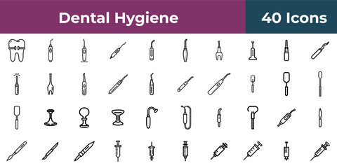 Line art illustration of dental and medical instruments arranged in a grid on a white background