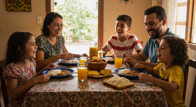 Family Enjoys Traditional Brazilian National Bean Day Feast Together Around Dining Table With Juice And Food