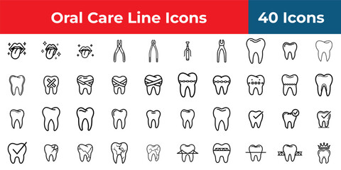 A collection of dental icons featuring teeth, tongues, and dental tools in a white background