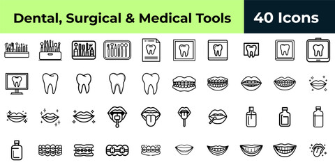 Collection of dental and oral care icons featuring teeth lips and dental instruments in black and white