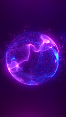 Vibrant digital sphere with blue and pink glowing particles and swirling neon patterns on a dark purple background