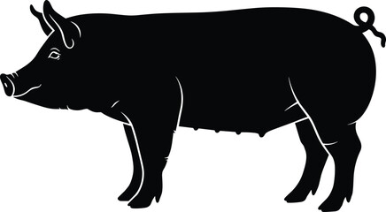 Silhouette of Pig, Farm Animal, Black and White, Vector Illustration, Livestock, Agriculture Symbol, Swine Art, Domestic Pig Icon, Pork Graphic, Minimalist Design, Editable Clipart