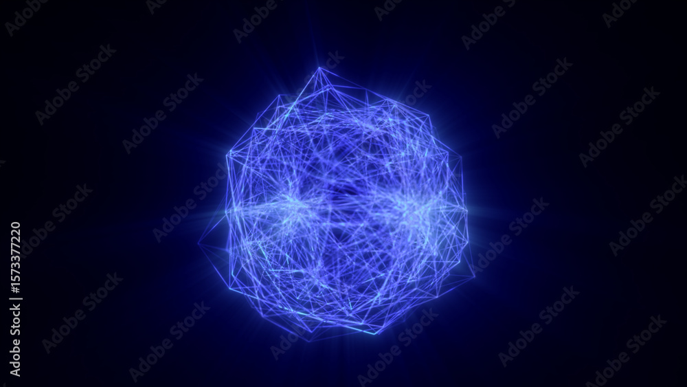 Poster glowing blue digital energy sphere with interconnected lines and a dynamic network structure on a da