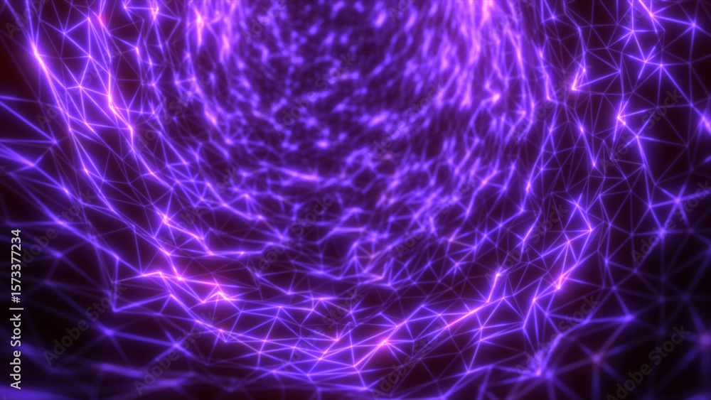 Poster glowing purple energy mesh forming a twisting tunnel of connected triangular nodes in a digital spac