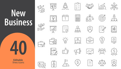 New Business Line Icons, Startup Launch, Business Idea, Target Market, Strategy Planning, Funding, Editable Formats: AI, EPS, PNG, JPG, Ideal for Both Digital and Print Use
