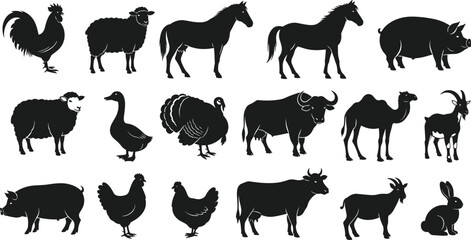 Farm Animal Silhouette Set, Pig, Cow, Goat, Rabbit, Horse, Rooster, Turkey, Camel, Goose, Sheep Icons, Black and White Vector Clipart