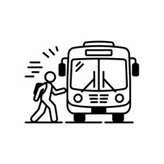 Line Art Illustration of a Student with Backpack Running to Catch the Bus Representing Transportation Education and the Daily Commute to School