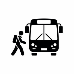 Iconic Representation of a Student Boarding a School Bus Depicting Transportation Education and the Daily Commute in a Simple Black and White Design