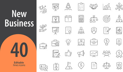 New Business Line Icons, Startup Launch, Business Idea, Target Market, Strategy Planning, Funding, Editable Formats: AI, EPS, PNG, JPG, Ideal for Both Digital and Print Use
