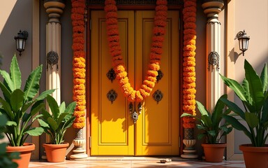 Indian flower door garland of mango leaves and marigold flowers for marriage and festivals traditional : Generative AI. High quality