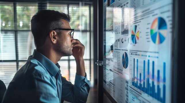businessman examines various data charts and graphs with strategizing his next move for scene is set in an office innovation strategy planning business marketing financial concept