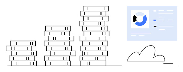 Stacked coins forming a bar chart alongside a dashboard with data visualization and analytics. Ideal for finance, investment, savings, growth, wealth management, economy, and simple flat metaphor