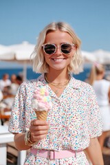 Beautiful blonde woman on a summer beach holding out an ice cream cone, dressed in a light dress, magazine-style vacation vibe, vertical shot
