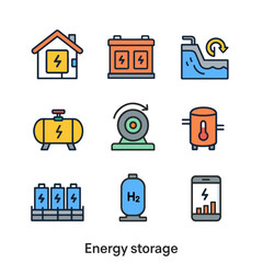 Flat vector icons of energy storage systems: battery, hydrogen, thermal, flywheel, monitoring app