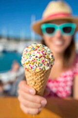 Macro of an ice cream cone with colorful sprinkles, held by a woman offering it near a sunny seaside port, blurred background with yachts, summer vacation mood