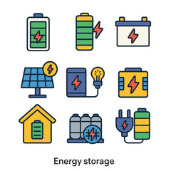 Flat vector icons of battery types and storage: solar, power bank, home, charging, supercapacitor