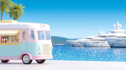 Vertical view of a pink and yellow ice cream truck at the waterfront, soft pastel tones, luxury boats in the background, cheerful summer scene