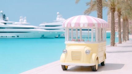 Pastel-colored ice cream van parked on a sunny pier, overlooking turquoise sea with luxury yachts moored in the distance, retro summer vibe