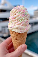Vertical close-up of a hand holding soft-serve ice cream in a waffle cone with a luxury yacht in the background, summer lifestyle magazine vibe
