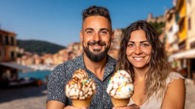 Happy vacation couple with ice cream cones enjoying a sunny summer day in a seaside city by the canal, bright and cheerful holiday mood