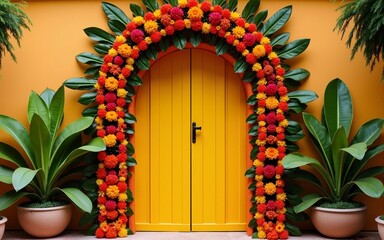 Indian flower door garland of mango leaves and marigold flowers for marriage and festivals traditional : Generative AI. High quality