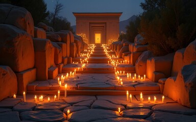 A mesmerizing night scene showcasing numerous glowing candles illuminating ancient temple steps with warm lights. High quality