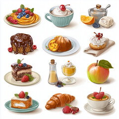 essen, collage, kuchen, frühstück, obst, brot, anpassen, dessert, mahl, isoliert, inkasso, fleisch, restaurant, tomate, salat, praline, kaffee, gesund, teller, abendessen, pizza, ei, feigling, cheese,