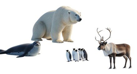 Polar bear seal penguins and reindeer arctic animals wildlife fauna antarctic animals isolated background