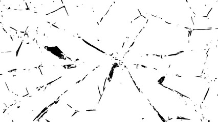 Crack effect collage of broken glass on white background. Transparent cracked black glass texture. Collection of cracks of broken glass on black background. Concept of shots on the window for design.