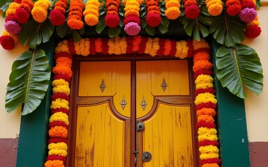 Indian flower door garland of mango leaves and marigold flowers for marriage and festivals traditional : Generative AI. High quality