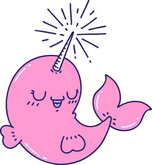 illustration of a traditional tattoo style happy narwhal in bright neon color © lineartestpilot