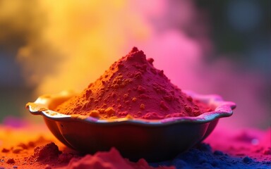 Vibrant Holi Festival powder colors in a traditional bowl. High quality