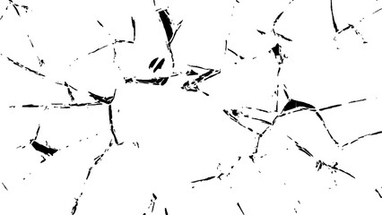 Crack effect collage of broken glass on white background. Transparent cracked black glass texture. Collection of cracks of broken glass on black background. Concept of shots on the window for design.