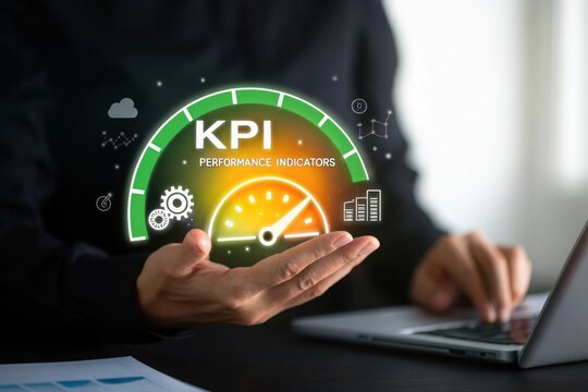 Businessman displays kpi performance indicators dashboard